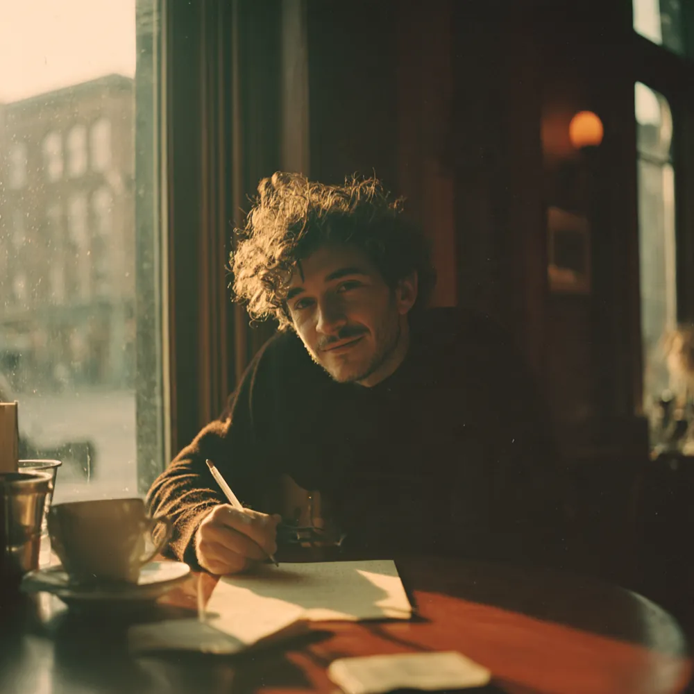A young man writing a letter at a café table the morning after meeting someone