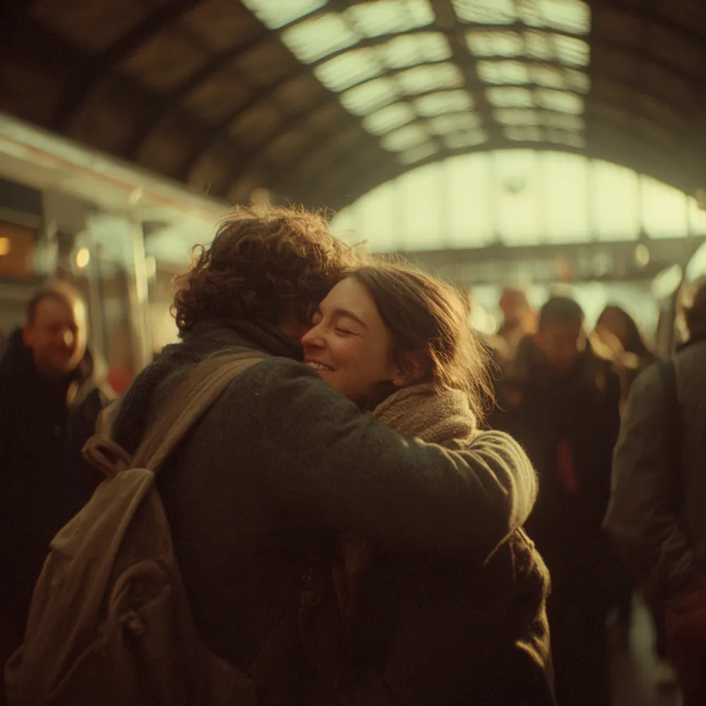 Two old friends hugging on a train platform